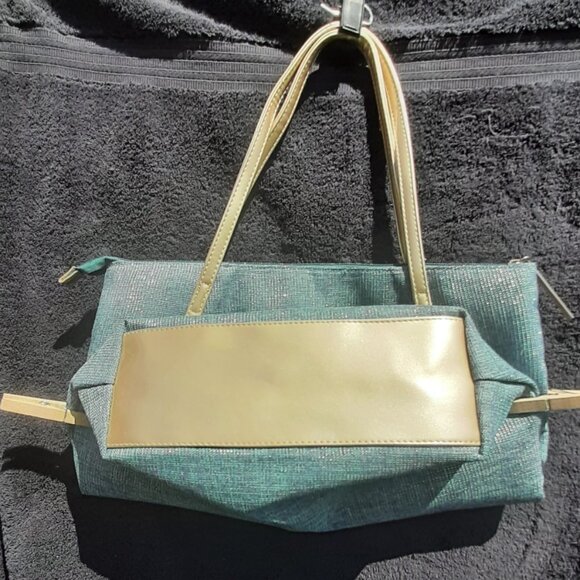 LANCOME  Turquoise/Gold Shoulder Tote Bag LARGE 19"X 16” Adjustable/Lined Logo - Picture 4 of 9
